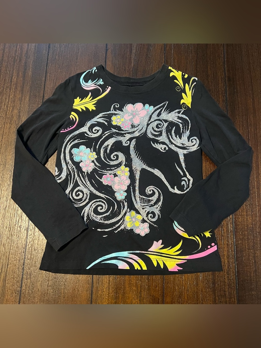 Girls' Black Unicorn Floral Long-Sleeve Tee